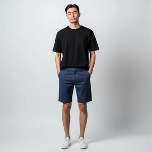 H&M 100% Cotton Solid Navy Blue Flat Front Shorts Button Up Pockets waist 34